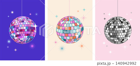 Shiny disco ball vertical poster templates with mirror mosaic tiles and sparkling reflections. Retro Shiny disco ball vertical poster templates with mirror mosaic tiles and sparkling reflections. Retro 140942992