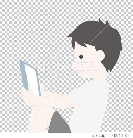 タブレットやスマートフォンを操作する男の子のイラスト 横顔 全身 タブレットやスマートフォンを操作する男の子のイラスト 横顔 全身 140943109