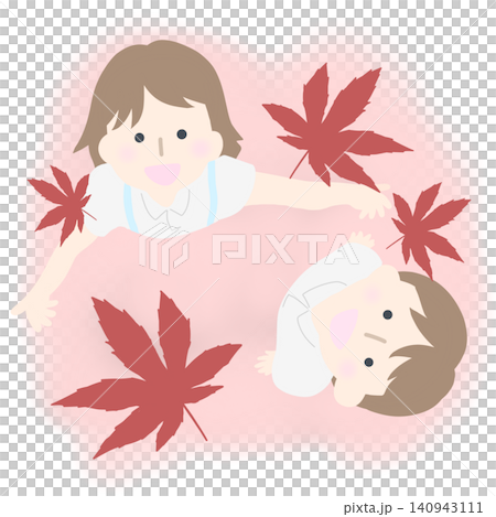 An illustration of children looking up and smiling, enjoying the autumn leaves (maple leaves). (White background) An illustration of children looking up and smiling, enjoying the autumn leaves (maple leaves). (White background) 140943111