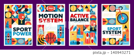 Active sport modern mosaic posters with geometric patterns, celebrating sport power, motion and active balance with tennis racket, basketball, football, paddle, kayak and sailboat with roller skate Active sport modern mosaic posters with geometric patterns, celebrating sport power, motion and active balance with tennis racket, basketball, football, paddle, kayak and sailboat with roller skate 140943271
