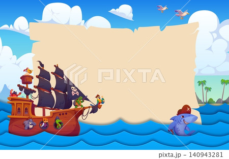 Paper cut banner with sea waves, pirates, sail ship and old paper scroll. Cartoon animal corsairs crew sails beneath a torn blank parchment banner template over blue sea with a playful friendly shark Paper cut banner with sea waves, pirates, sail ship and old paper scroll. Cartoon animal corsairs crew sails beneath a torn blank parchment banner template over blue sea with a playful friendly shark 140943281