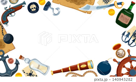Cartoon pirate frame banner template with wide blank white copy space surrounded by flintlock pistol, skull coin, treasure map, cutlass sword and rum bottle. Nautical frame for pirate party invitation 140943282
