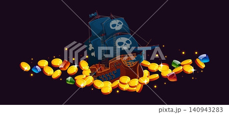 Pirate ship and treasures with golden coins and gemstones. Cartoon wooden pirate ship with black sails. Vibrant brigantine sailing through sea of sparkling golden coins and gemstones for game design Pirate ship and treasures with golden coins and gemstones. Cartoon wooden pirate ship with black sails. Vibrant brigantine sailing through sea of sparkling golden coins and gemstones for game design 140943283