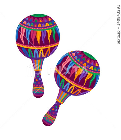 Mexican festival dance maraca music instrument. Cuba festival maraca decoration, Latin American carnival isolated vector maracas. Mexican folk musical instrument with colorful floral ornaments Mexican festival dance maraca music instrument. Cuba festival maraca decoration, Latin American carnival isolated vector maracas. Mexican folk musical instrument with colorful floral ornaments 140943291