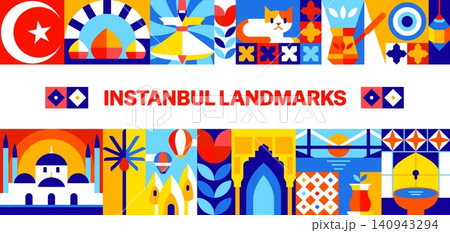 Turkey Istanbul travel landmarks banner with geometric mosaic pattern ornament. Turkish mosque with domes and minaret, Bosphorus bridge, tulip motifs, hot air balloons, cat, traditional coffee cezve Turkey Istanbul travel landmarks banner with geometric mosaic pattern ornament. Turkish mosque with domes and minaret, Bosphorus bridge, tulip motifs, hot air balloons, cat, traditional coffee cezve 140943294