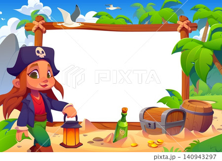 Cartoon funny girl pirate with lantern near wooden banner at tropical island. Cheerful girl corsair on a sunny beach with palm trees, coins, treasure chest, barrel and a message bottle, frame template Cartoon funny girl pirate with lantern near wooden banner at tropical island. Cheerful girl corsair on a sunny beach with palm trees, coins, treasure chest, barrel and a message bottle, frame template 140943297