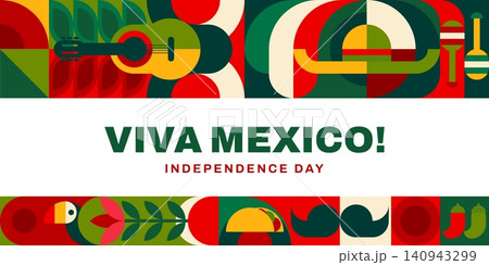 Viva Mexico Independence day banner with geometric mosaic pattern. Background with sombrero, guitar, maracas, taco and chili motifs conveying festive patriotism, celebration, music and cultural pride Viva Mexico Independence day banner with geometric mosaic pattern. Background with sombrero, guitar, maracas, taco and chili motifs conveying festive patriotism, celebration, music and cultural pride 140943299