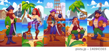 Cartoon pirate characters collage featuring captain, female pirate with cutlass, cannoneer with bomb and crewmates with barrels and treasure. Brave corsairs on ship and at port pierce for mobile games 140943303