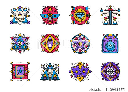 Esoteric mystic tarot card line symbols, boho tattoo vector icons set. Astrology signs, skulls, crystal, potion bottle, sacred geometry, sun and moon elements, wicca and pagan colorful linear symbols 140943375