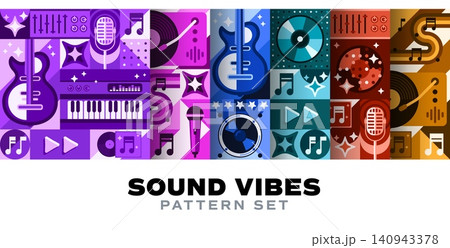 Music sound seamless pattern with geometric mosaic ornament of musical instruments and notes. Music festival, party or concert poster with guitar, microphones vinyl records and synthesizers pattern Music sound seamless pattern with geometric mosaic ornament of musical instruments and notes. Music festival, party or concert poster with guitar, microphones vinyl records and synthesizers pattern 140943378