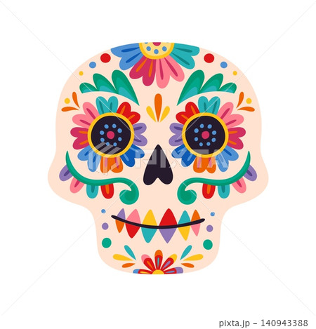 Mexican Day of the Dead beige sugar calavera skull. Day of the Dead sugar skull, Dia de Los Muertos vector calavera. Hispanic culture skeleton head with ornamental flowers petals, floral eyes pattern 140943388