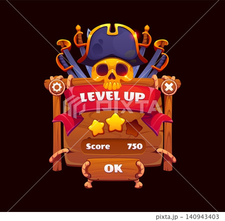 Cartoon pirate game UI level up popup window. Wooden plank panel with bold red ribbon Level Up banner, golden skull in tricorn hat and crossed cutlass swords. Cartoon interface of mobile pirate game 140943403