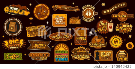 Coffee vintage stickers and hot drink retro patch labels for beverages vector set. Coffee stickers and patch labels with funny coffee beans and moka or mocha pot with cappuccino cup and hot espresso Coffee vintage stickers and hot drink retro patch labels for beverages vector set. Coffee stickers and patch labels with funny coffee beans and moka or mocha pot with cappuccino cup and hot espresso 140943423