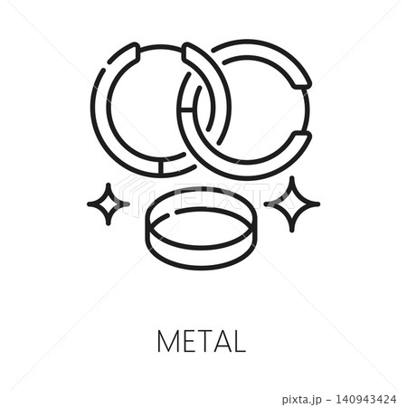 Metal free linear pictogram with two interlinked metal rings with sparkle accents on white background. Monochrome line symbol for nickel or metal contact allergy warning and sensitivity labeling Metal free linear pictogram with two interlinked metal rings with sparkle accents on white background. Monochrome line symbol for nickel or metal contact allergy warning and sensitivity labeling 140943424