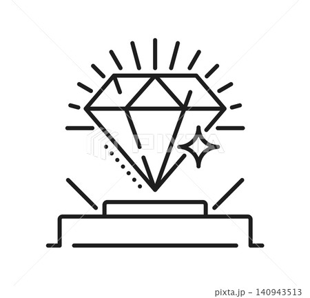 Best quality icon with sparkling diamond gemstone on podium pedestal with radiating shine rays and glitter star accent. Outline pictogram for loyalty program visuals and premium membership badges 140943513
