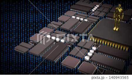 Golden Humanoid Robot On Digital Data Stage 3d render. 140943565