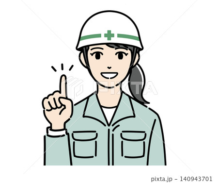 指さしで説明する白いヘルメットと作業服を着た若い女性のイラスト 指さしで説明する白いヘルメットと作業服を着た若い女性のイラスト 140943701