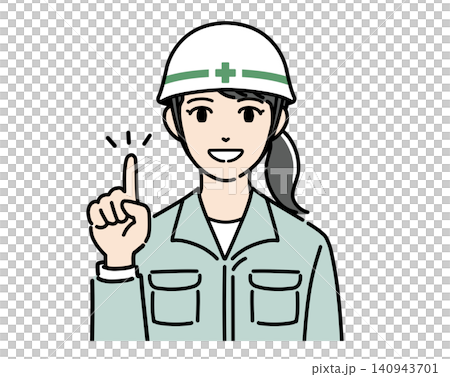 An illustration of a young woman in a white helmet and work clothes pointing and explaining. An illustration of a young woman in a white helmet and work clothes pointing and explaining. 140943701