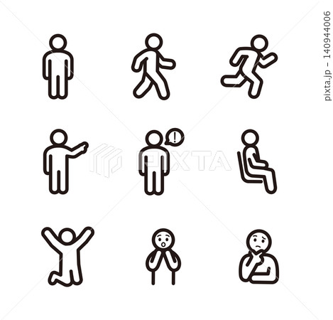 人物のピクトグラムとアイコンのセット 歩く 走る 座る 指差す 驚く ポーズ 感情 イラスト素材 人物のピクトグラムとアイコンのセット 歩く 走る 座る 指差す 驚く ポーズ 感情 イラスト素材 140944006
