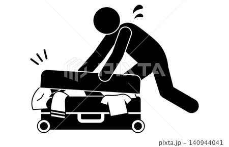 荷物が多すぎてスーツケースを必死に閉めようとする人のピクトグラム 140944041