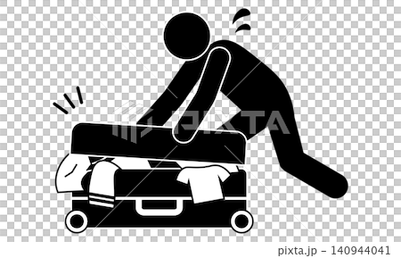 荷物が多すぎてスーツケースを必死に閉めようとする人のピクトグラム 140944041