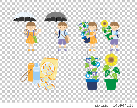夏の小学生と植物・熱中症対策グッズセット|8月・夏休みイラスト 夏の小学生と植物・熱中症対策グッズセット|8月・夏休みイラスト 140944119