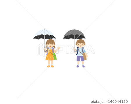 日傘をさす小学生の男の子と女の子|夏の暑さ対策・熱中症予防イラスト 日傘をさす小学生の男の子と女の子|夏の暑さ対策・熱中症予防イラスト 140944120