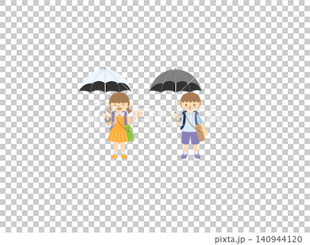 日傘をさす小学生の男の子と女の子|夏の暑さ対策・熱中症予防イラスト 日傘をさす小学生の男の子と女の子|夏の暑さ対策・熱中症予防イラスト 140944120
