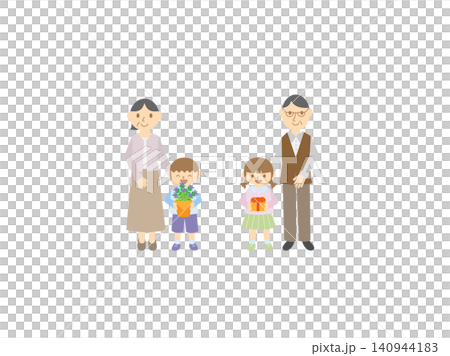 A set of illustrations depicting grandparents receiving gifts from their grandchildren on Retirement Day. 140944183