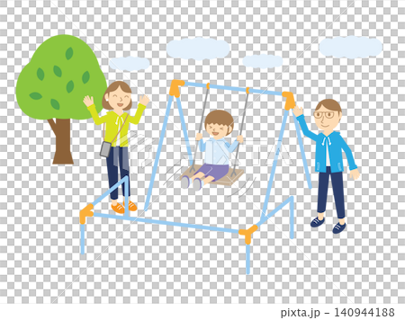 公園のブランコで遊ぶ男の子と見守る両親|家族の休日お出かけイラスト 公園のブランコで遊ぶ男の子と見守る両親|家族の休日お出かけイラスト 140944188