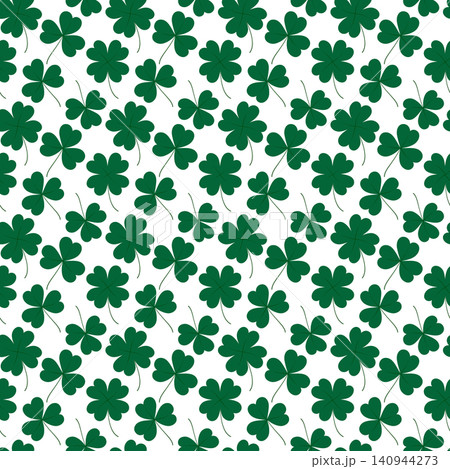 Repeating seamless pattern of four leaf clovers and shamrocks scattered across white background. Minimal flat design Poster or web promo banner, label, price tag, greeting thematic card, post backdrop Repeating seamless pattern of four leaf clovers and shamrocks scattered across white background. Minimal flat design Poster or web promo banner, label, price tag, greeting thematic card, post backdrop 140944273