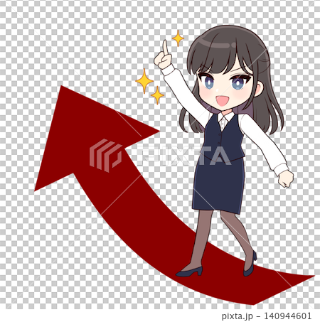 A long-haired office lady with black hair is pointing upwards (arrow). A long-haired office lady with black hair is pointing upwards (arrow). 140944601