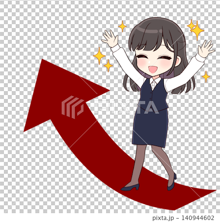 A long-haired office lady raises her hand in joy (arrow) 140944602