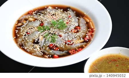 shrimp in soy sauce on white plate, korean style menu shrimp in soy sauce on white plate, korean style menu 140945032