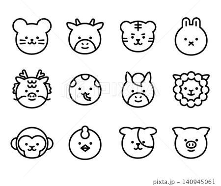 12 Zodiac Animal Character Face Icon Set - Line Outline 140945061