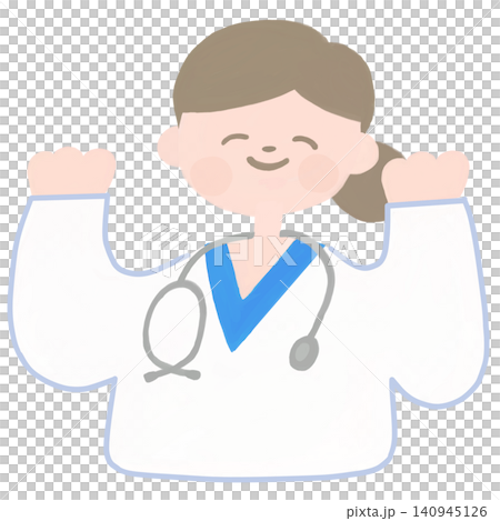 An illustration of a female doctor raising both hands in joy. An illustration of a female doctor raising both hands in joy. 140945126