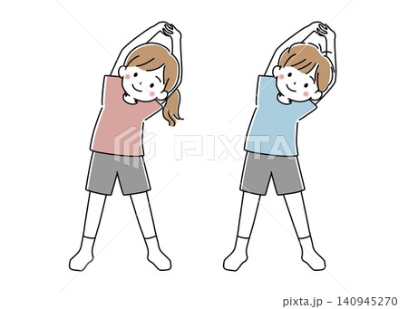 腕を伸ばしてストレッチをする女の子と男の子のセットのベクターイラスト 腕を伸ばしてストレッチをする女の子と男の子のセットのベクターイラスト 140945270