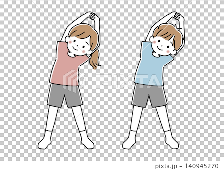 腕を伸ばしてストレッチをする女の子と男の子のセットのベクターイラスト 腕を伸ばしてストレッチをする女の子と男の子のセットのベクターイラスト 140945270
