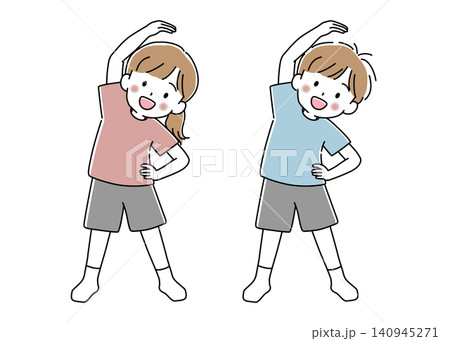 体側を伸ばしてストレッチをする女の子と男の子のセットのベクターイラスト 体側を伸ばしてストレッチをする女の子と男の子のセットのベクターイラスト 140945271