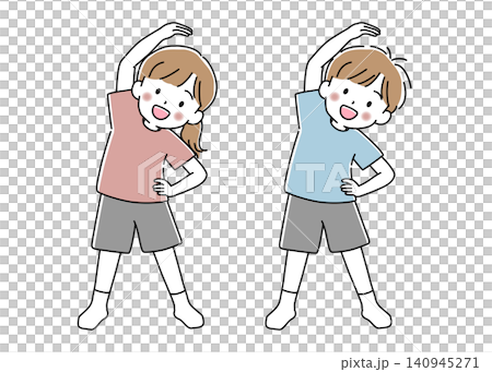 体側を伸ばしてストレッチをする女の子と男の子のセットのベクターイラスト 体側を伸ばしてストレッチをする女の子と男の子のセットのベクターイラスト 140945271
