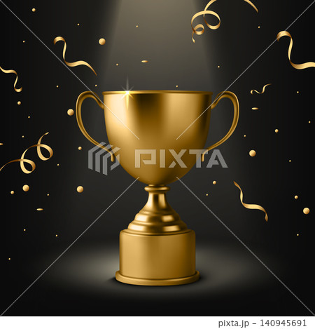 Vector Golden Trophy Cup Award on Black Background with Confetti. Winner Prize for Championship and Success Celebration. Competition, Ceremony, Achievement Concept 140945691