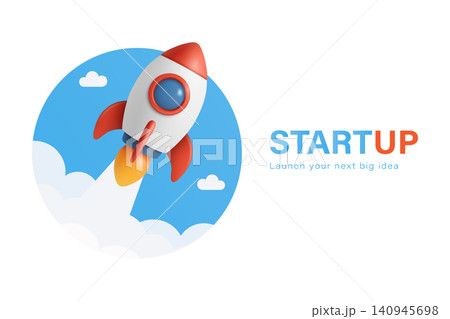 Startup Rocket Launch Vector Illustration. Startup Business Concept, Startup Growth Banner with 3d Flying Rocket in Clouds. Innovation, Investment, Company Launch, Entrepreneurship, Technology Design 140945698