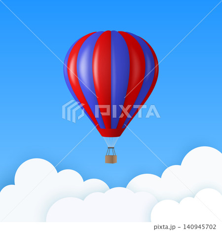 Vector Travel Banner with 3d Realistic Blue and Red Hot Air Balloon Icon on a Blue Sky Background. Design Template, Summer Vacation, Travelling, Tourism and Journey Concept Vector Travel Banner with 3d Realistic Blue and Red Hot Air Balloon Icon on a Blue Sky Background. Design Template, Summer Vacation, Travelling, Tourism and Journey Concept 140945702