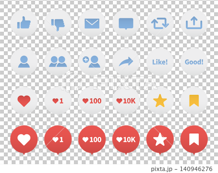 A set of social media icons and reactions (like, heart, comment, share, vector, transparent background). A set of social media icons and reactions (like, heart, comment, share, vector, transparent background). 140946276