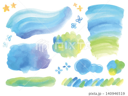 青系の水彩絵の具のパーツとあしらいベクターセット 140946519
