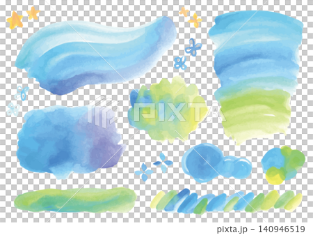 青系の水彩絵の具のパーツとあしらいベクターセット 140946519