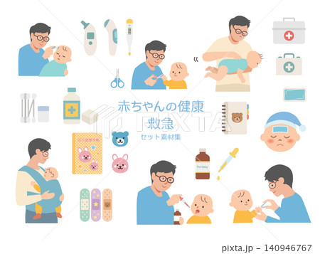 赤ちゃんのヘルスケア・救急（父親編）のベクター素材セット 140946767