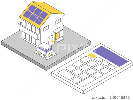 アイソメトリックな太陽光パネルとV2Hのある家と電卓の見積もりなどをイメージしたイラスト素材 アイソメトリックな太陽光パネルとV2Hのある家と電卓の見積もりなどをイメージしたイラスト素材 140946878