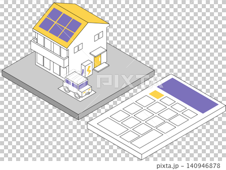 アイソメトリックな太陽光パネルとV2Hのある家と電卓の見積もりなどをイメージしたイラスト素材 アイソメトリックな太陽光パネルとV2Hのある家と電卓の見積もりなどをイメージしたイラスト素材 140946878