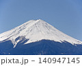 青空の下でベッタリ冠雪して白く化粧した富士山頂と森林限界以下の木々に着雪して鼠色になった樹林の裾野 140947145
